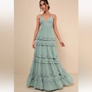 Lavish Perfection Sage Green Ruffled Tiered Maxi Dress
